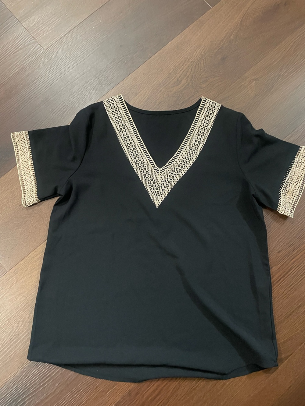 Black Short-Sleeve Top with Cream Crochet Trim
